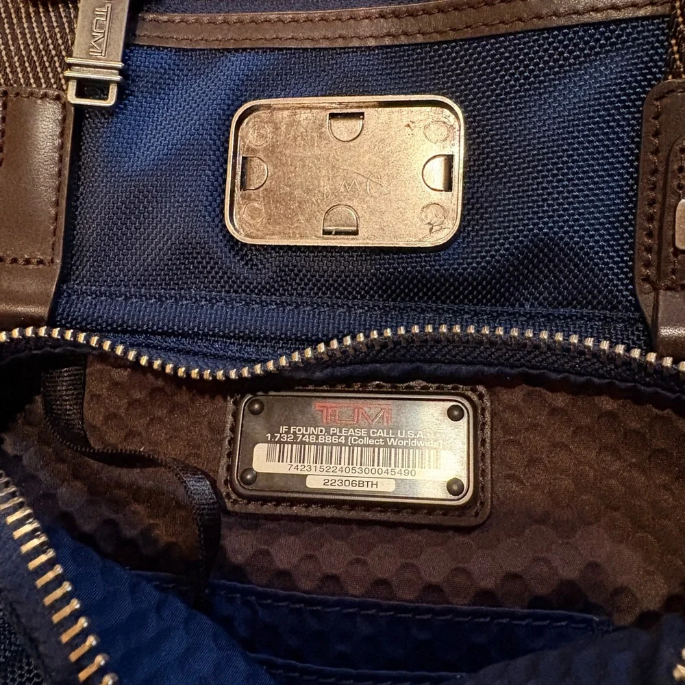 Tumi Blue Messenger Bag with Brown Trim